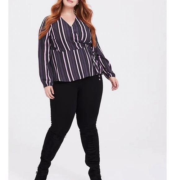 Torrid Purple Stripe Crepe Wrap Crop Blouse Top Long Sleeve Plus Size 2 2X - Picture 5 of 14